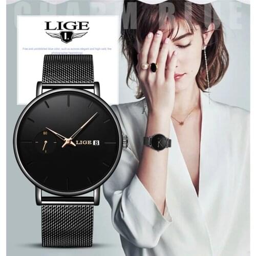 Reloj Mujer LIGE Watch Ladies Fashion Casual Quartz Wrist Watch Simple Sport Clock Waterproof Stainless Steel Watches Womens+Box