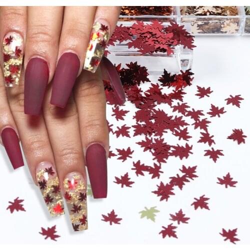 Xmas Mirror Metallic Maple Leaf Nail Sequins Laser Red Leaves Glitter Flake For Sparkly Autumn Winter Nail Decorations RK140163