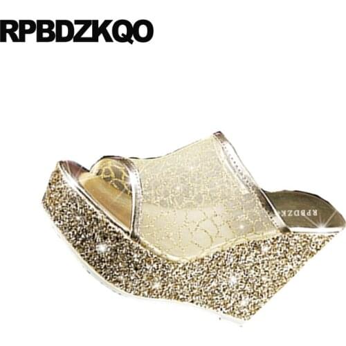 Sandals Wedge Slip On Plus Size Glitter High Heels Mesh Peep Toe 4 34 Pumps 2021 Silver Platform Women Shoes Casual Cheap Golden