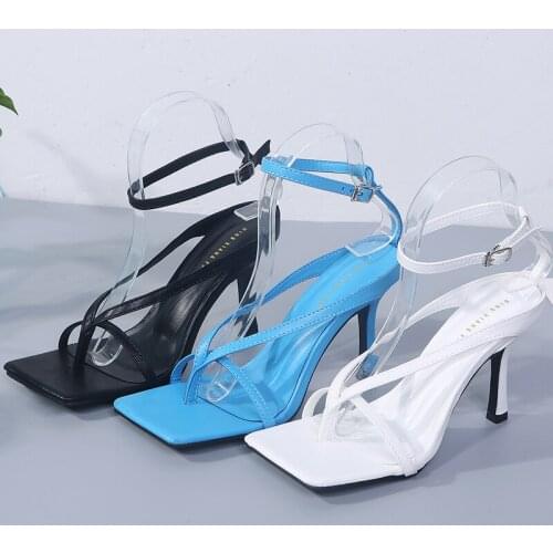 Summer New Fashion Ladies Sandals Sexy Open Toe Word Buckle Simple Square Toe Stiletto High Heels Large Size 40