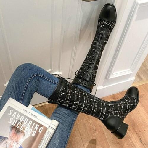 Sianie Tianie 2021 Winter Autumn Tweed Plaid Checker Cross Tied Womens Knee High Boots Riding Equestrian Shoes Big Size 47 48