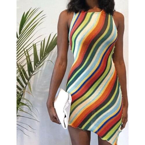 Sexy Knitted Mini Dress 2021 Fashion Chic Women Dresses O Neck Sleeveless Tank Dresses Y2K Striped Clubwear Bodycon Summer Dress