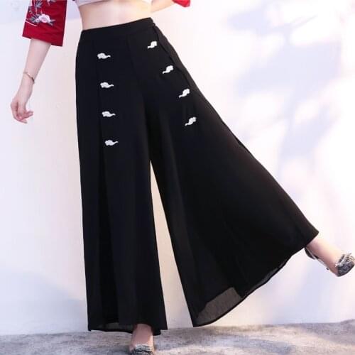 Streetwear WomenS Pants 2021 Chinese Style Harajuku Oversize Wide Leg Pants Embroidery Chiffon Woman Trousers Hip Hop 12505