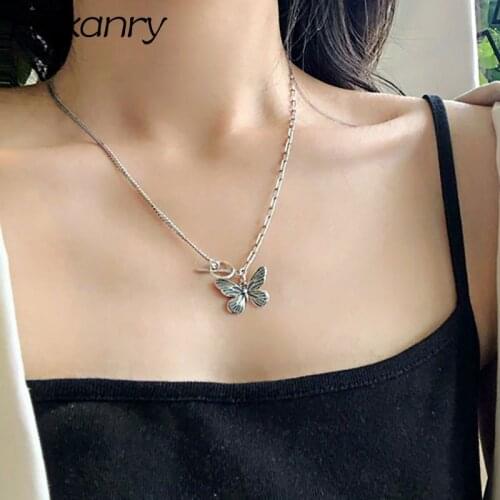 Foxanry 925 Sterling Silver Vintage Sweater Necklace Creative Fashion Butterfly Pendant Clavicle Chain OT Button Party Jewelry