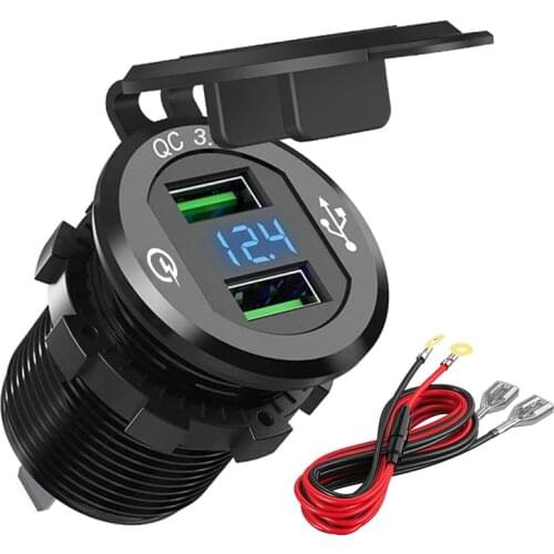 QC3.0 Dual USB Fast Charger Aluminum Socket Power Outlet Waterproof with LED Digital Voltmeter for Marine Boat Motorcycle Truck
