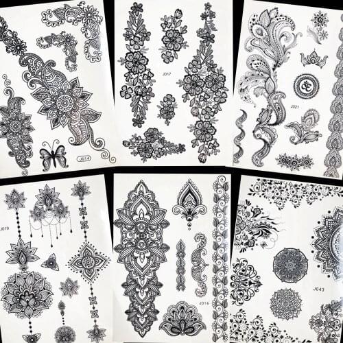 Temporary Black Tattoo Stickers Women Arm Body Art Lace Jewelry Waterproof Tatoo Bracelet Fake Tattoo Henna Flower Summer Style