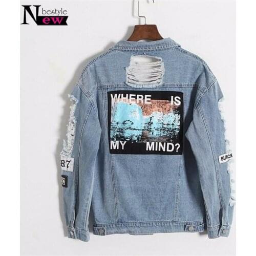 Where Is My Mind Women Retro Washing Frayed Patch Embroidery Letter Bomber Jacket Ripped Distressed BF Denim Coat Jacket Female