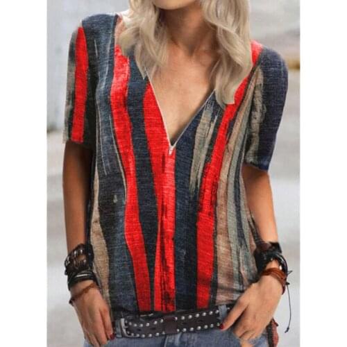 2021 New Summer Women Fashion Casual V-Neck Zipper Short Sleeve T-Shirt Lady Loose Striped Shirt Plus Size Tops Female Clothing