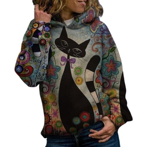 Women Autumn Winter Digital Cats Print Hoodie Long Sleeve Sweatshirt Pullover