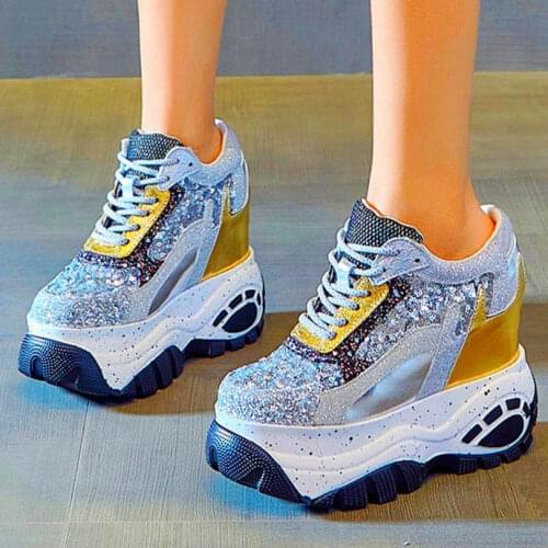 Womens Shiny Glitter Cow Leather Ankle Boots Round Toe Platform Wedge High Heel Creepers Punk Goth Oxfords Lace Up Shoes