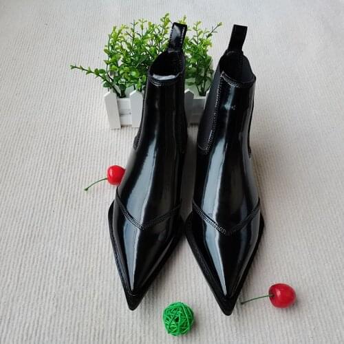 Women Ankle Boots plus size 22-26.5cm Pointed Toe Women Motorcycle Boots Slip-on Cow patent leather Chelsea boots black shoes