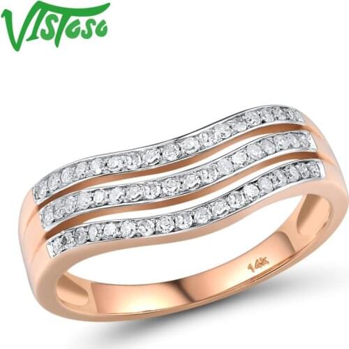 VISTOSO Gold Rings For Women Genuine 14K 585 Rose Gold Ring Wave Sparkling Diamond Promise Engagement Anniversary Fine Jewelry
