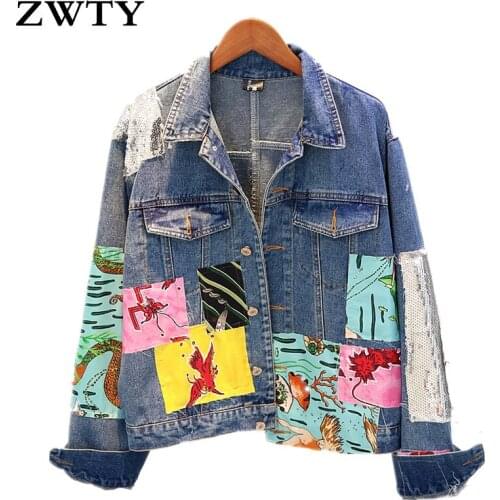 ZWTY Spring Womens Denim Jacket Sequins Overcoat Patchwork Cartoon Jeans Jacket Casual Female Loose Coat Outwear Autumn