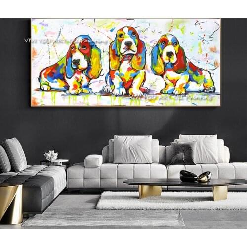 100% Handmade Abstract Dog Colourful Animal Oil Painting on Canvas Posters Wall Pictures for Room Home Decoracion (No Frame)