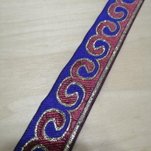 3.3cm 33mm 1-3/8' Blue Red Golden Filigree Miao Horn Symbol Folk Tutem Costume Border Laciness National Jacquard Garment Webbing