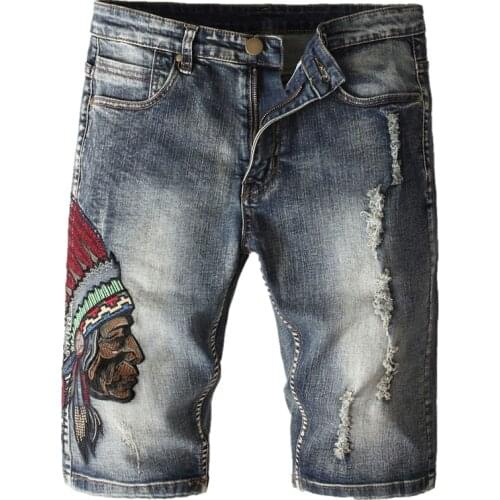ABOORUN Indiana Embroidery Denim Shorts Mens Retro Skinny Ripped Jeans Shorts Summer Knee Length Shorts for Male x1041