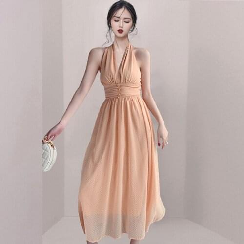 Apricot Dot Chiffon Dresses For Women New Fashion Flods High Waist Sleeveless Halter Dress Happy Party Summer Holiday Dress