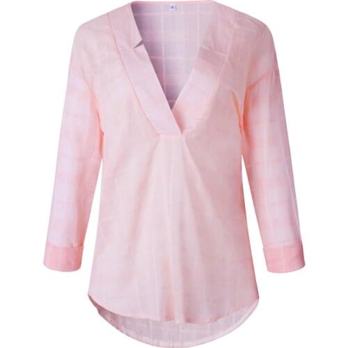 Solid Color Deep V Neck Long Sleeve Plus Size Pullover Shirt Women Casual Loose Streetwear Simplicity Elegant Office Blouses