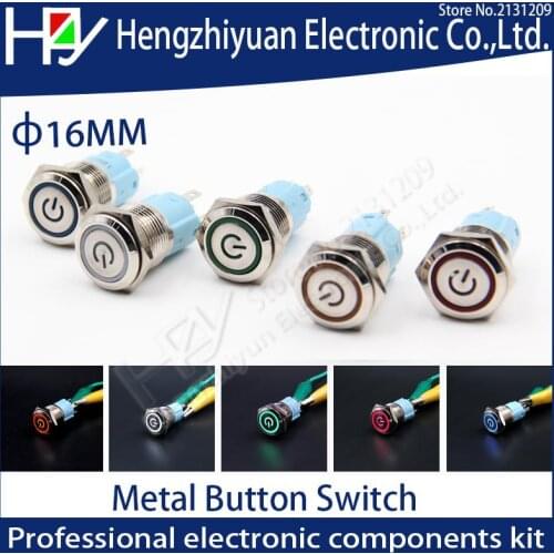 Metal push button switch with light 16mm flat head self-reset Momentary 5V 12V 24V 220V Push Button waterproof LED metal switch
