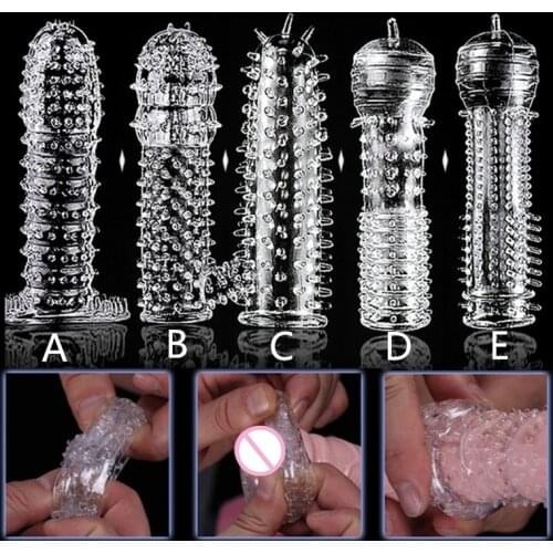 Extension Reusable Condom Penis Sleeve Male Enlargement Time Delay Spike Clit Massager Cover Crystal Clear Condoms Adult Sex Toy