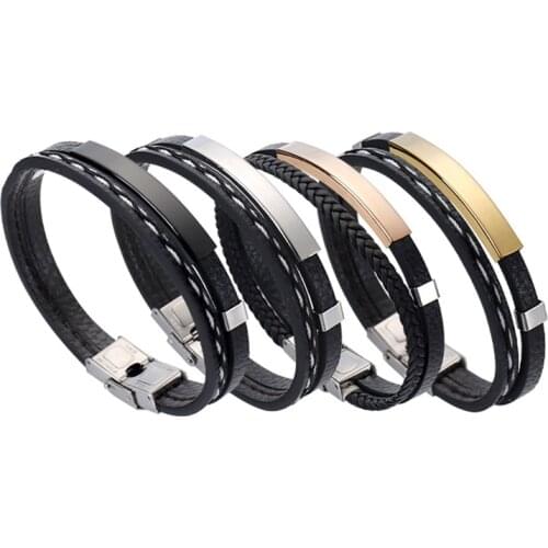 Fashion Stainless Steel Charm Magnetic Black Men Bracelet Leather Genuine Braided Punk Rock Bangles Jewelry Accessories Friend