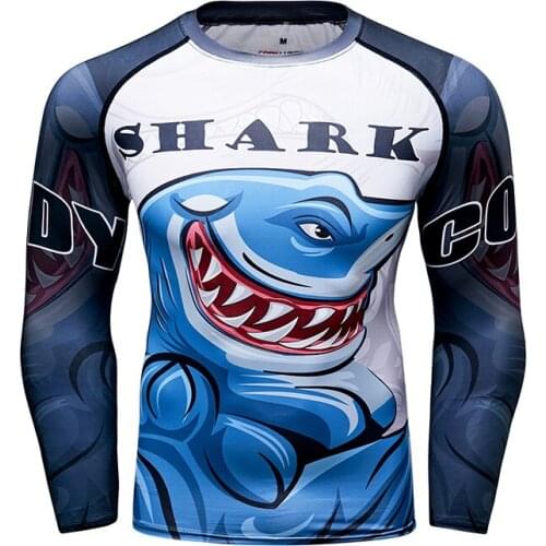 New Design Gym Rash Guard High Quality Men Cartoons Shark Printed Tshirt Running Fitness Long Sleeve Tight Sports Shirts