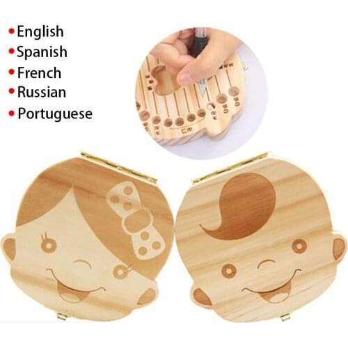 Spanish/English/Portugal/French/Russia Baby Wood Tooth Box Organizer Milk Teeth Storage Collect Teeth Umbilica Lanugo Save Gifts