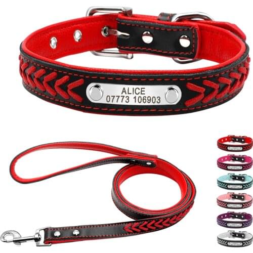 Personalized Leather Dog Collar and Leash Set Inner Padded Customized Engraved ID Dog Cat Collar Braided Rope Free Engraving