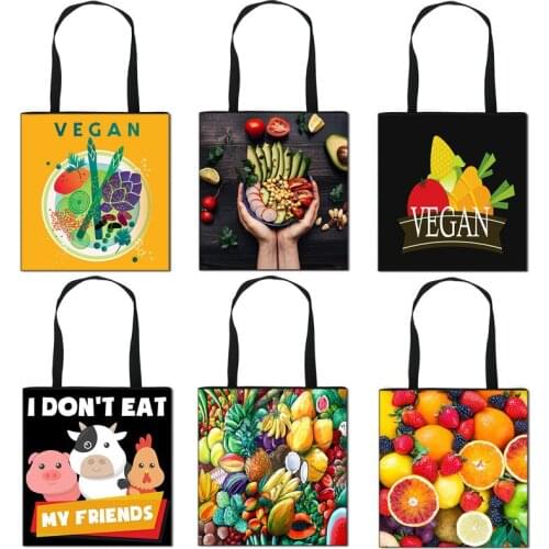 Vegetarianism Fruit Casual Totes Women Handbag Vegan Shopping Bags Ladies Canvas Shoulder Bags Teenager Girls Travel Bag