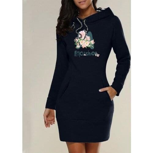 New Women Tracksuit Pockets Pullover Hoodies Sweatshirt Casual Slim Flower Print Hoodie Dress Outwear Female Clothing