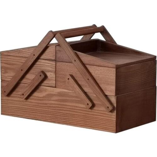 3 tier drawers handicraft vintage brown wooden sewing box