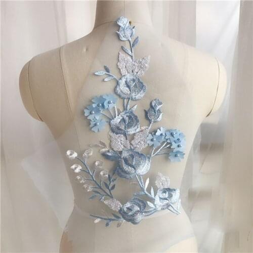 Beaded 3D Blue Flowers Embroidery Patch Costume For Wedding Dress Clothing Sew On Patches Floral Lace Fabrics Applique