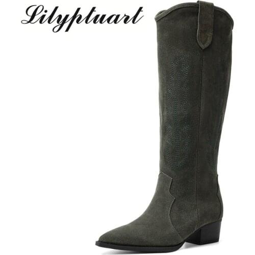 Nude Black Suede Embroidered Knee high Boots Women Pointy Toe Spike Kitten heels Winter Long Boots Flats Knight Boots