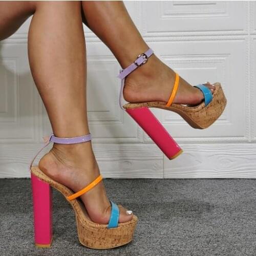Dipsloot Woman Fashion Patchwork Chunky Heels Sandals One Line Buckle Strap Platform High Heel Sandals Shoes Lady Real Photos