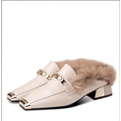 Mules Rabbit Fur Slip on Outdoor Shoes Women 2020 Autumn Winter New Leather Square Toe Low Heel Party Pumps Casual Oxfords Shoes