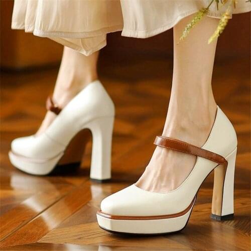 Mary Janes Womes Genuine Leather Platform Pumps Block High Heels Sexy Party Nightclub Shoes 34 35 36 37 38 39 40