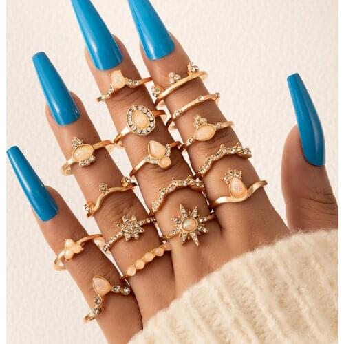 HuaTang Fashion Crystal Star Crown Opal Water Drop Wedding Ring Set for Women Gold Color Flower Knuckle Midi Wave Rings Set 7021