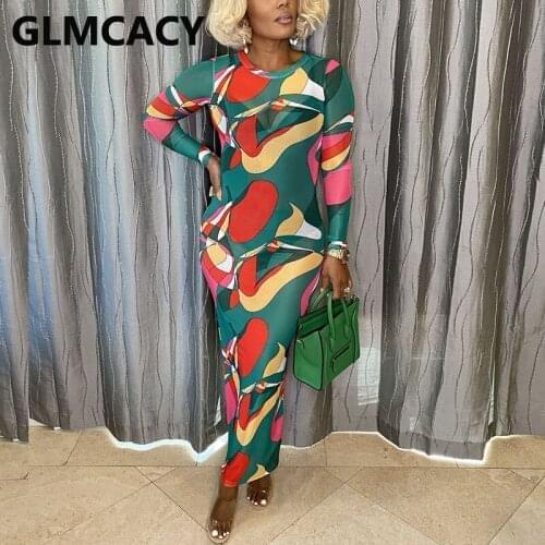 Women Long Sleeve O Neck Mesh Maxi Dress See Through Slim Party Club Dress