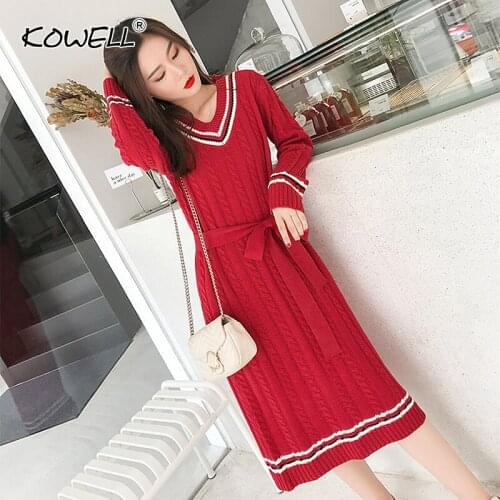 2018 Autumn Winter Knit Dress Women Medium-Length V-neck Dress Thick Warm Knitting Wool Long Sleeve Casual Winter Dress Vestidos