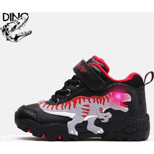 DINO T-Rex Flashing LED Winter Plush Boots Mid-Top 3-8Y Children Boys Snow Shoes Leather Solid Warm Inside Casual Sport Sneakers