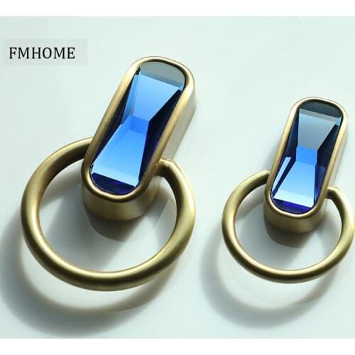 32mm fashion luxury blue glass crystal drop ring drawer wine cabinet kitchen cabinet handle stain brass cupboard pull know