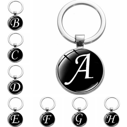New 26 English Initial Letters Key Chain Creative Name First Alphabet Round Glass Car Pendant Key Ring Fashion Jewelry Gift