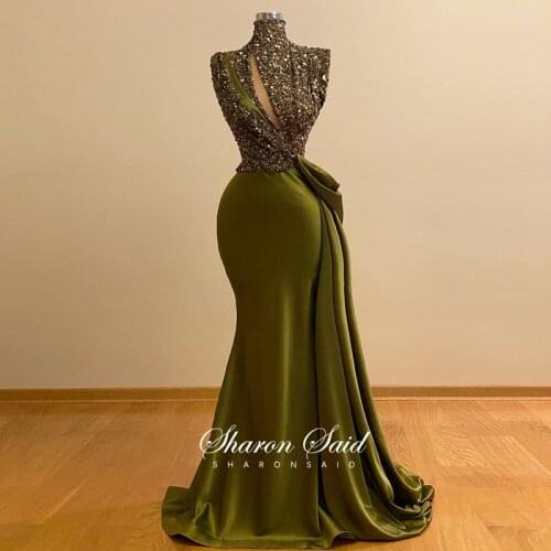 Elegant Olive Green Mermaid Evening Dresses Luxury Beaded Long Arabic Dubai Formal Evening Dress for Women Wedding Party Gowns