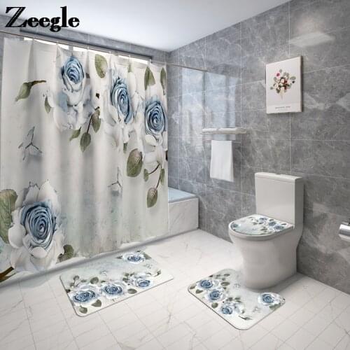 Europe Style Floral Home Decor Toilet Mat Bath Mat and Shower Curtain Set Bathroom Carpet Set Non-Slip Bathroom Foot Mat Flannel