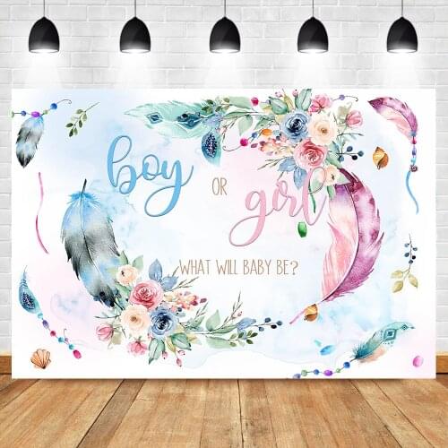 NeoBack Gender Reveal Backdrop Colorful Feather Flower Baby Shower Photo Background Boy or Girl Gender Reveal Banner Backdrops