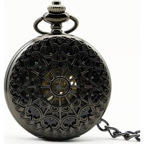 Christmas Hot Sell Steampunk Black skeleton Mechanical Pocket Watch Flip Women Men Pocket Watches with Chain 10pcs/lot
