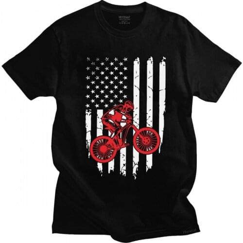 Classic Mountain Bike American Flag 4th Of July Tee Top Men Short Sleeve MTB Biking Cyclist T Shirt Soft Cotton T-shirt Clothing