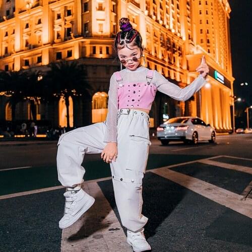New Girls Jazz Dance Practice Tide Clothes ChildrenS Day Modern Street Dance Costumes Kids White Tops Pants Pink Vest DQL5432