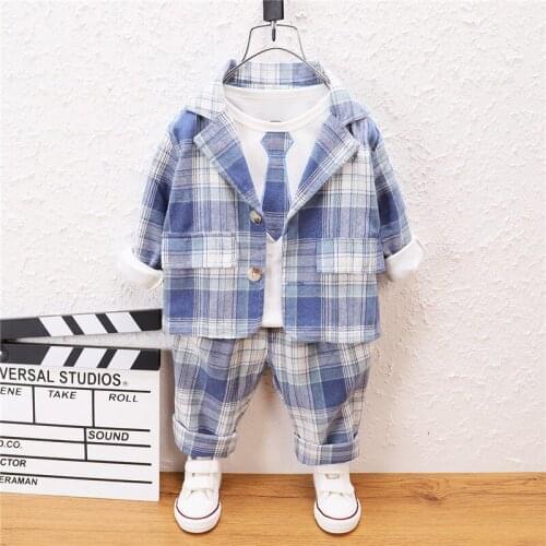 Autumn Children Cotton Formal Clothes Baby Boys Shirts Plaid Wedding Coat Pants 3Pcs/Sets Kids Toddler Clothing Party Clothing