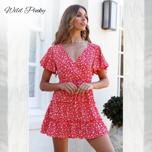 WildPinky Summer Dress Women A-line Floral Print Female Boho Mini Dress High Waist V-neck Beach Wear Ladies Sundress Vestidos